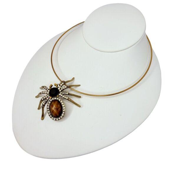 Vtg Gold Tone Spider Pendant Choker Necklace 16.5" With Rhinestones Statement - Picture 4 of 12